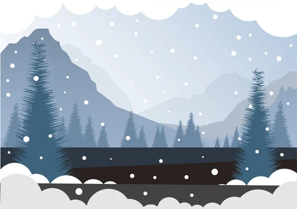 Winter Kerstlandschap Met Vallende Sneeuw Blauwe Bergen Bos — Stockvector