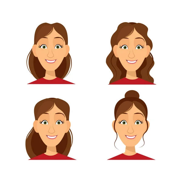 Set Brunette Female Avatars Smile Different Hairstyles — Vettoriale Stock
