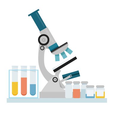 Medical microscope and medical bottles nearby