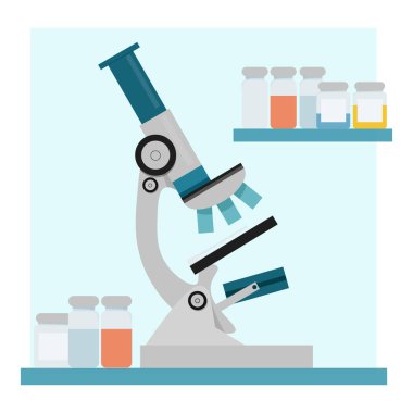 Gray medical microscope with medical liquid bottles