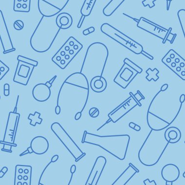  Seamless pattern on a blue background with white medical instruments in lines