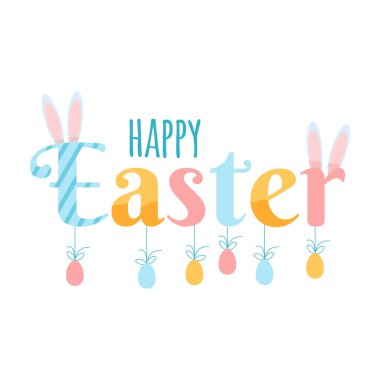 Colorful happy easter lettering with ears and easter eggs
