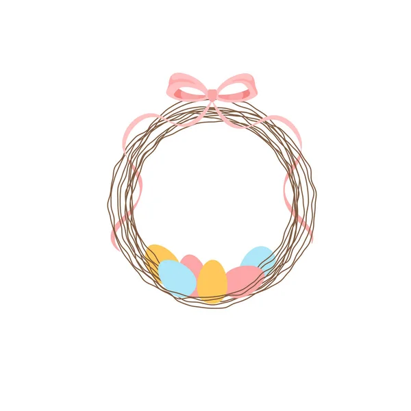 Easter Wreath Vine Branches Eggs Bow Top — Stock Vector
