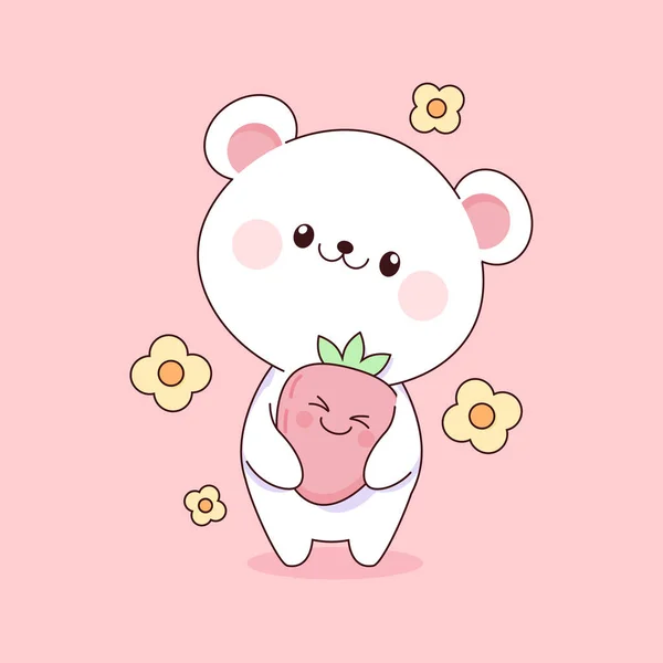 可爱的白色泰迪熊卡瓦草莓 — 图库矢量图片
