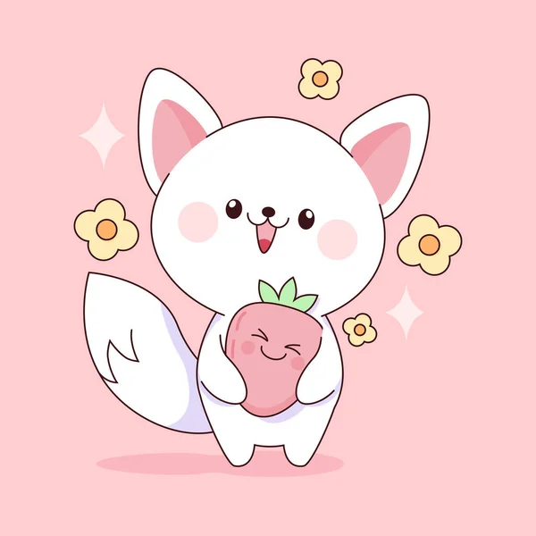 Gato Kawaii Blanco Con Fresa — Vector de stock