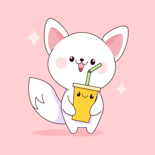 Cute Kawaii Biały Kot Herbaty Bańki — Wektor stockowy