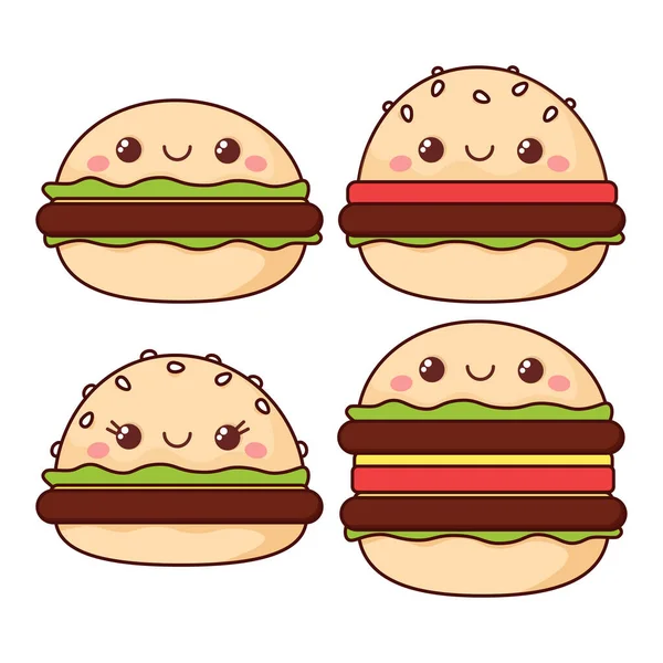 Set Diversi Hamburger Kawaii — Vettoriale Stock