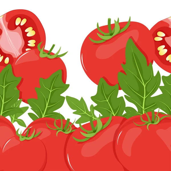 绿色叶子的红色西红柿无缝隙多汁边框 — 图库矢量图片