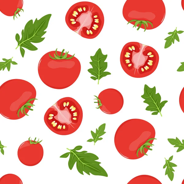 白色背景上绿色叶子的红色西红柿的无缝图案 — 图库矢量图片