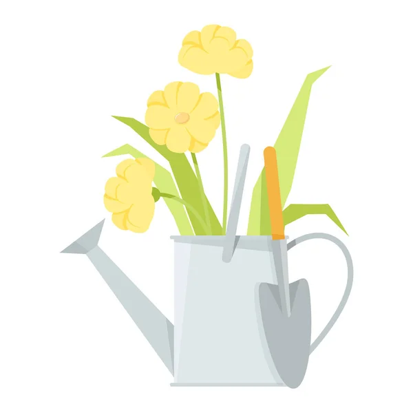 Metal watering can with flowers and a small shovel