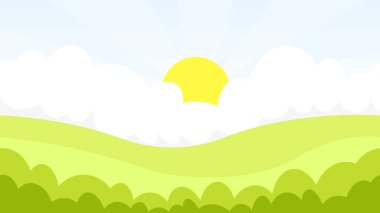 Yeşil tarlaların, gökyüzünün ve güneşinin parlak yaz manzarası