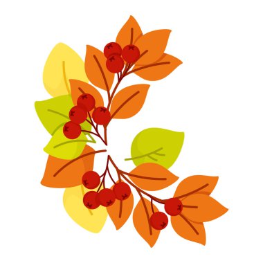 Parlak sonbahar kompozisyonu sarı, turuncu ve yeşil yapraklar ve kırmızı böğürtlenler