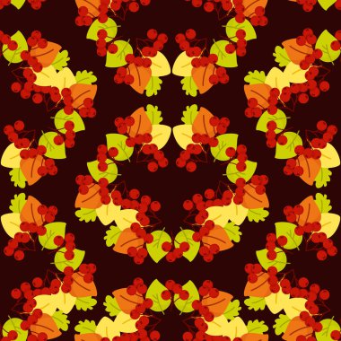 Sonbahar yapraklarının ve böğürtlenlerin kusursuz deseni koyu bir arka planda