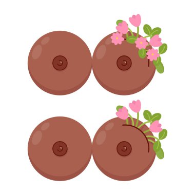 Göğüs Kanseri Farkındalığı Ayı onuruna pembe çiçekli bir çift esmer kadın göğsü.