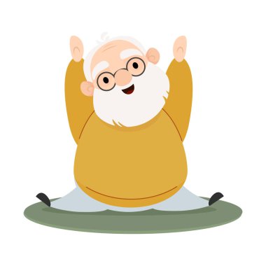 Evde kıdemli yaşlı bir adam spor yapıyor. Dağlarda oturuyor.