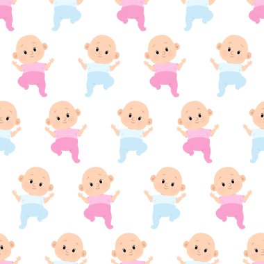 Pembe ve mavi elbiseli, beyaz arka planda yeni doğmuş bebeklerin kusursuz desenleri.