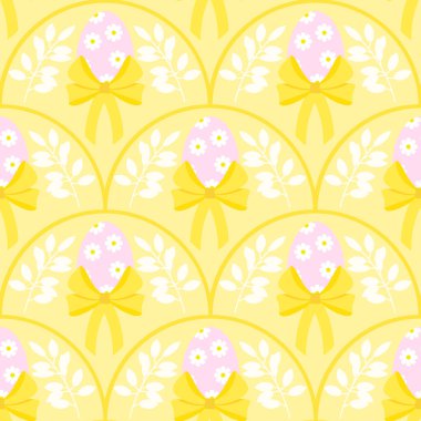 Paskalya yumurtalarının kusursuz deseni ve sarı arka planda yaprakları olan beyaz dallar.