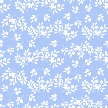 Beyaz küçük çiçeklerin paskalya desenleri ve mavi arka planda yapraklar.