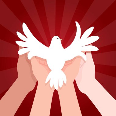 Kutsal Ruh 'un beyaz uçan güvercin sembolü Pentecost' un farklı ten renginde ellerinde.
