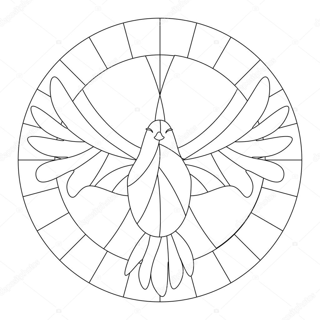 White dove symbol of the holy spirit to Pentecost in the outline of stained glass