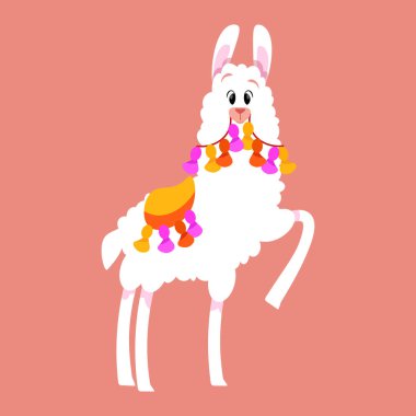 Boynunda ve sırtında süslemeleri olan beyaz, şirin bir lama.