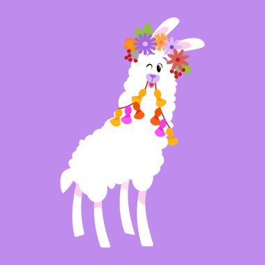 Taçlı, çiçekli, beyaz, şirin bir lama.