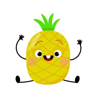 Komik ananas karakteri kollarını kaldırmış bir vaziyette oturuyor.