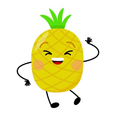 Sevimli gülümseyen çizgi film ananas karakteri el sallıyor.
