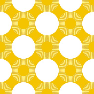 Bauhaus stilinde sarı zemin üzerinde beyaz dairelerin geometrik ve pürüzsüz deseni