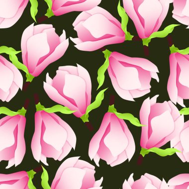 Pembe manolya çiçeklerinin pürüzsüz deseni koyu bir arka planda
