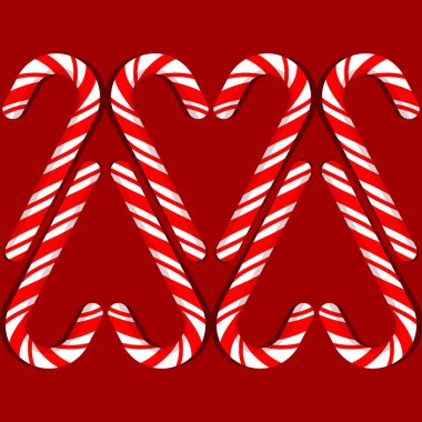 Kırmızı ve beyaz çizgili Noel arkaplanda kırmızı ve beyaz şeker kamışı kalp şeklinde çizgiler.