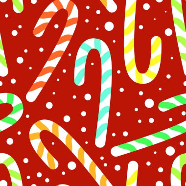 Seamless pattern of Christmas multicolored sugar canes with snow on a red background