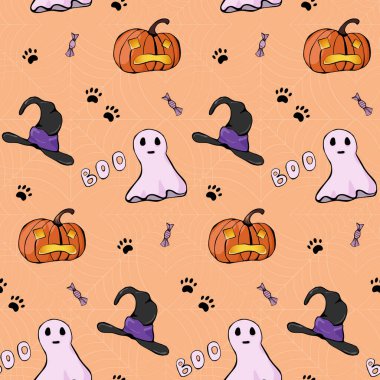 Cadılar Bayramı balkabağı, hayalet, cadı şapkası, şeker ve kedi patisi deseni