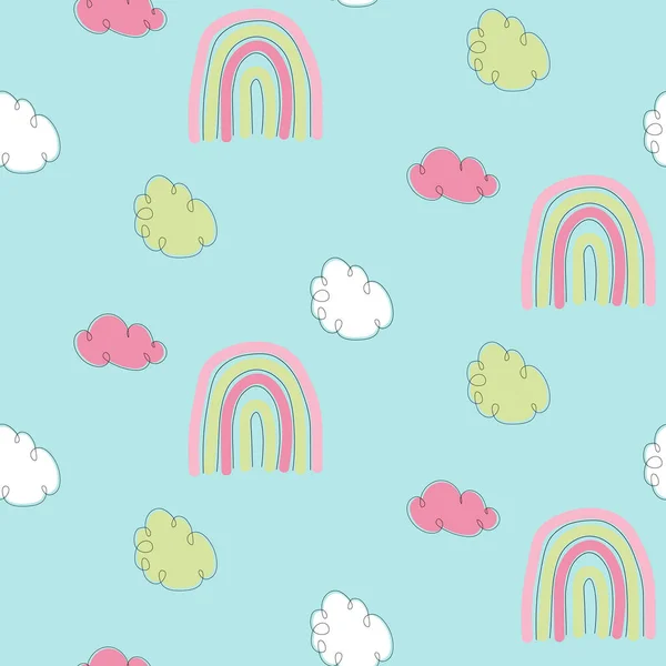 stock vector Cute seamless Pattern with clouds and rainbow