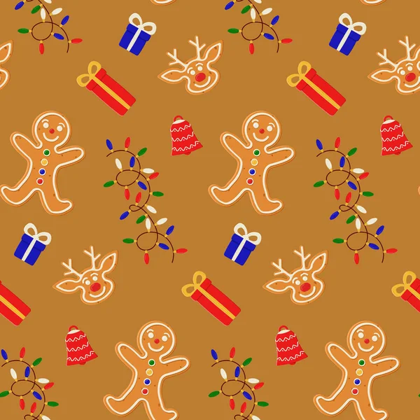 Seamless Christmas pattern with gingerbread man and deer cookies, gifts, bell lights garland