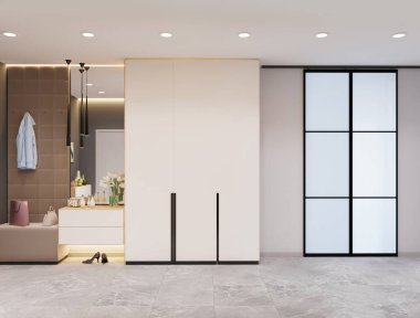 İç kısımda beyaz büyük bir dolap.