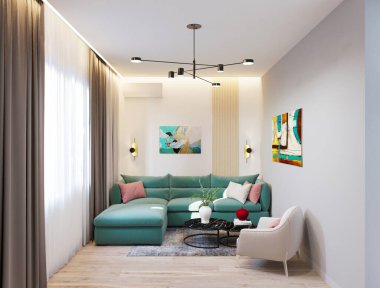 İç kısımdaki yeşil kanepe modern tarzda.