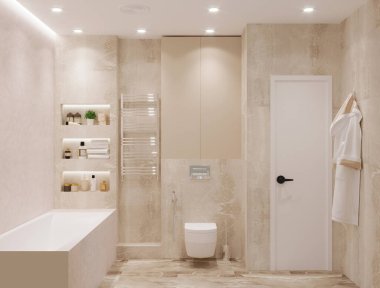 İç tarafta parlak bir banyo ve duvarında bornoz var.