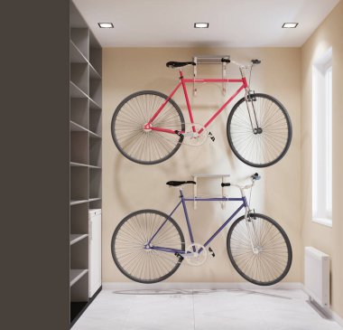 Bisikletli ikea tarzı bir garajda depolama alanı