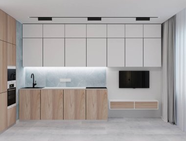 Açık ahşap ve mavi kiremitli beyaz mutfak.