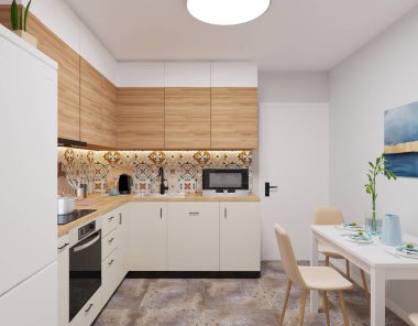 Mozaik kiremitleri ve odunları olan güzel bir mutfak.