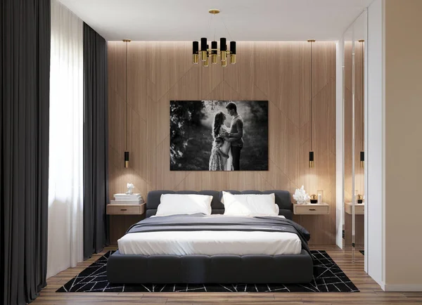 Black bed with wood paneling on the wall