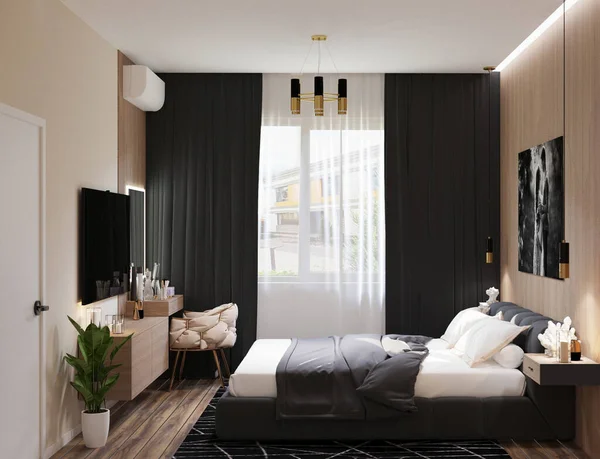 Schwarzes Bett Einem Zimmer Mit Hellem Holz — Stockfoto