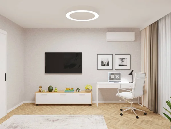 Wohnzimmer Mit Grauer Tapete Und Weißen Möbeln Und Fernseher — Stockfoto