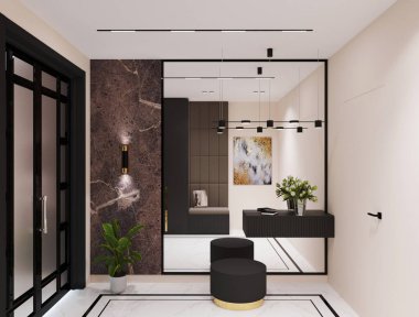 Koridordaki büyük aynada siyah lambalar asılı.