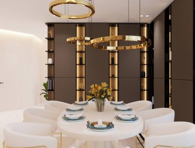 Mutfakta büfesi olan özel bir evde beyaz bir yemek masası.