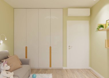 Çocuk odasındaki gardırop beyaz.