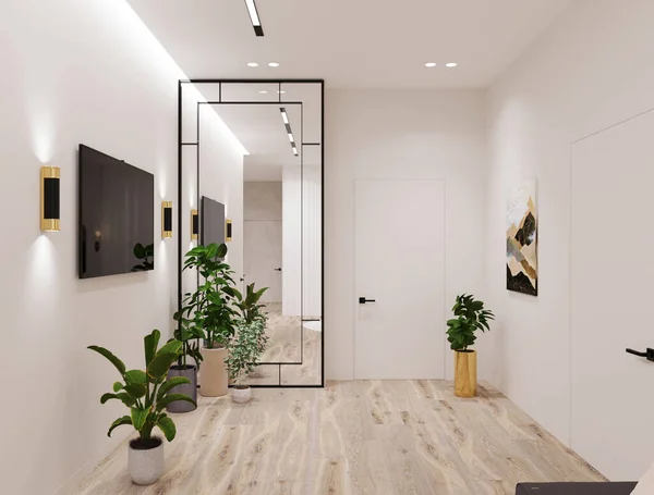 Grand Miroir Plafond Dans Couloir Avec Des Plantes — Photo