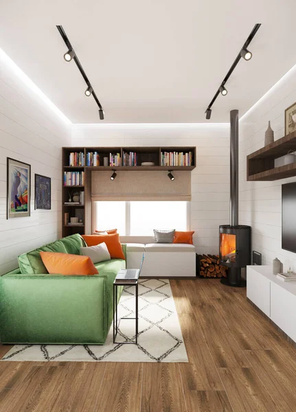 Sofa Beludru Hijau Dengan Stand Laptop Dan Area Tempat Duduk — Stok Foto