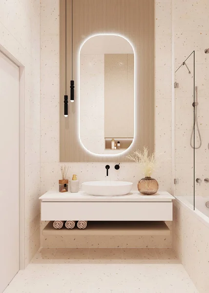 Hermoso Espejo Baño Con Lámpara Colgante Baño Beige —  Fotos de Stock